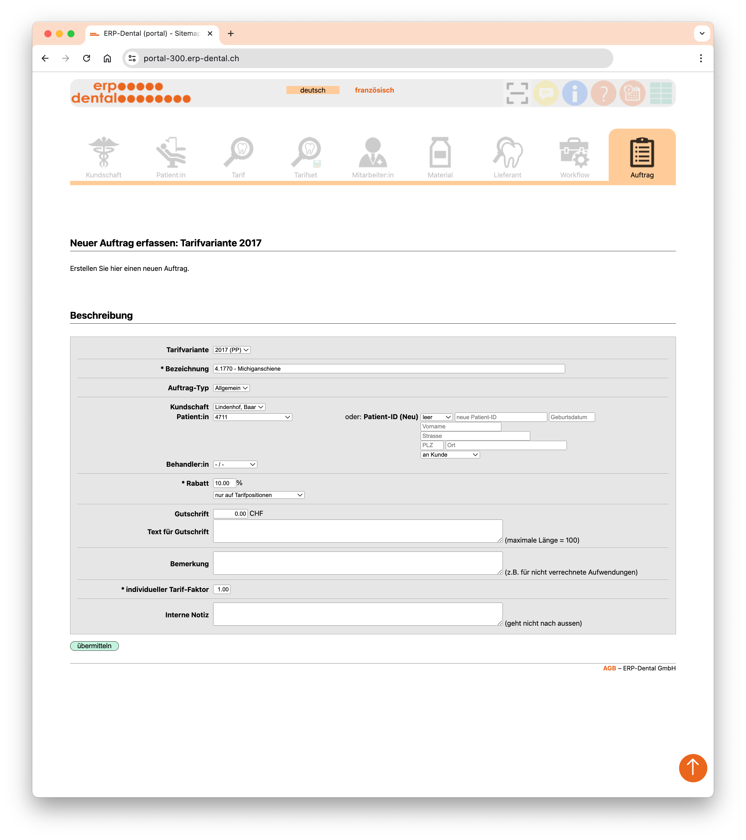 Auswählen des Kunden / Patienten
